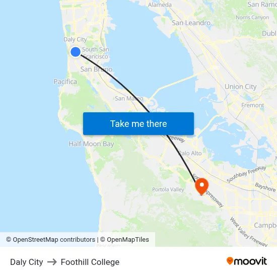 Daly City to Foothill College map