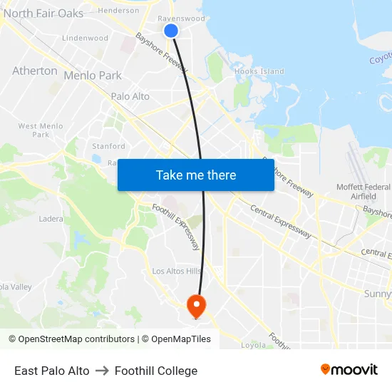 East Palo Alto to Foothill College map