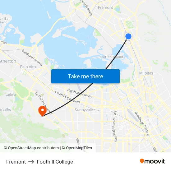 Fremont to Foothill College map