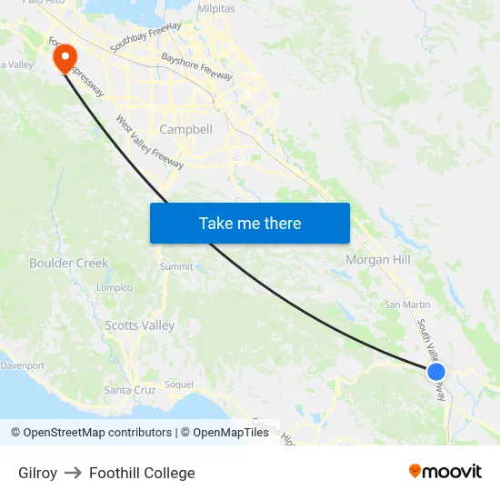Gilroy to Foothill College map