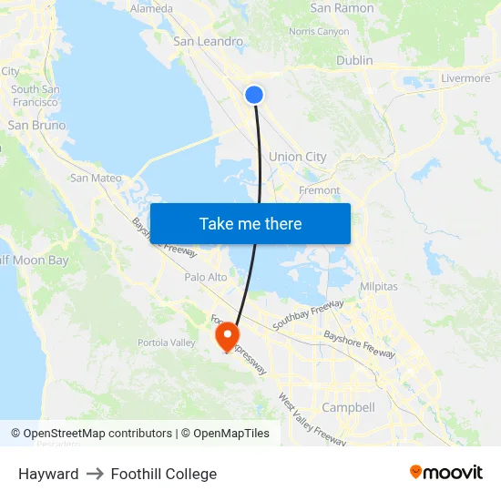 Hayward to Foothill College map