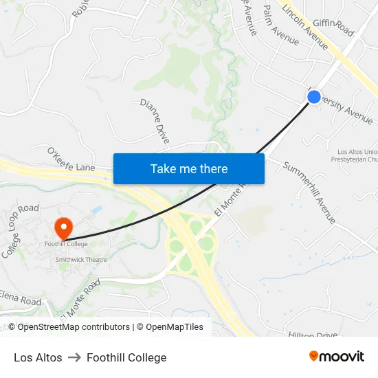 Los Altos to Foothill College map