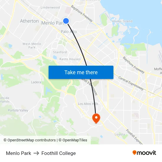 Menlo Park to Foothill College map