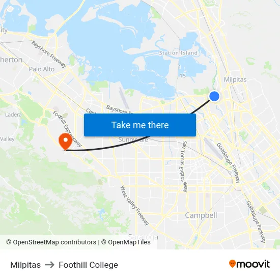 Milpitas to Foothill College map