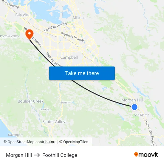 Morgan Hill to Foothill College map