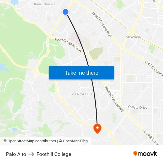 Palo Alto to Foothill College map