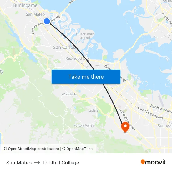 San Mateo to Foothill College map