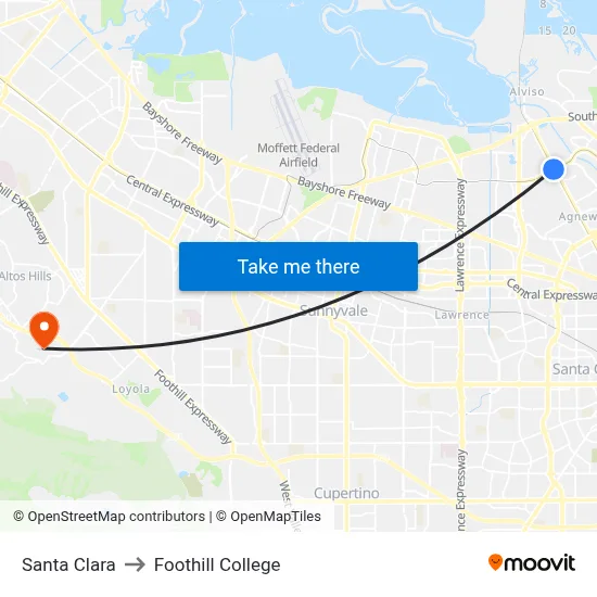 Santa Clara to Foothill College map