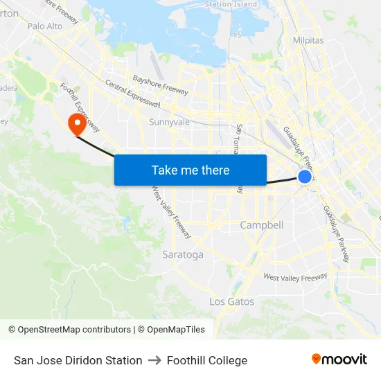 San Jose Diridon Station to Foothill College map