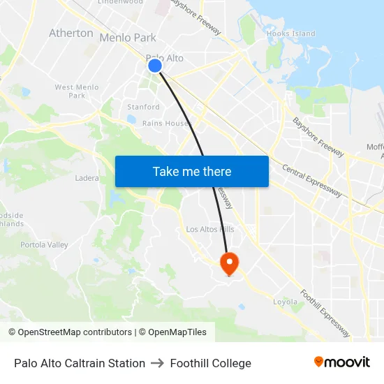 Palo Alto Caltrain Station to Foothill College map