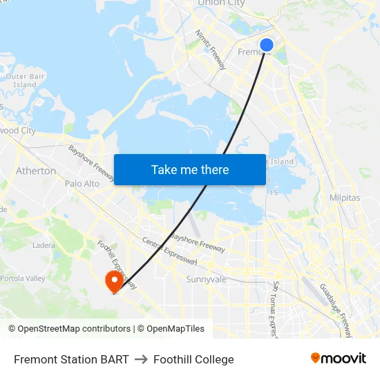 Fremont Station BART to Foothill College map