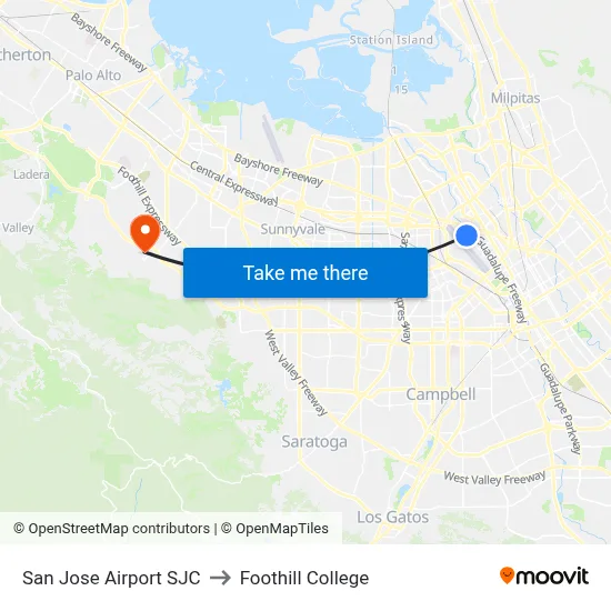 San Jose Airport SJC to Foothill College map
