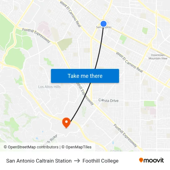 San Antonio Caltrain Station to Foothill College map