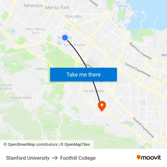 Stanford University to Foothill College map