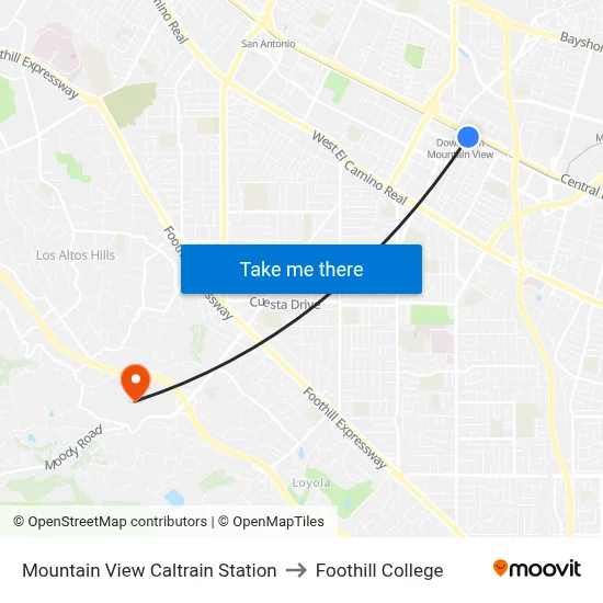 Mountain View Caltrain Station to Foothill College map