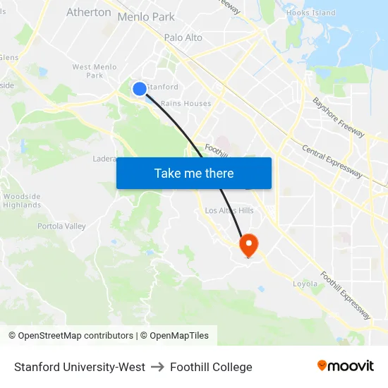 Stanford University-West, 355 Galvez St to Foothill College map