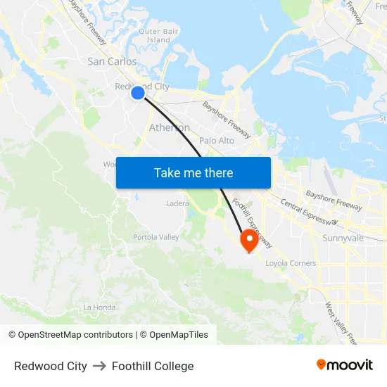 Redwood City to Foothill College map