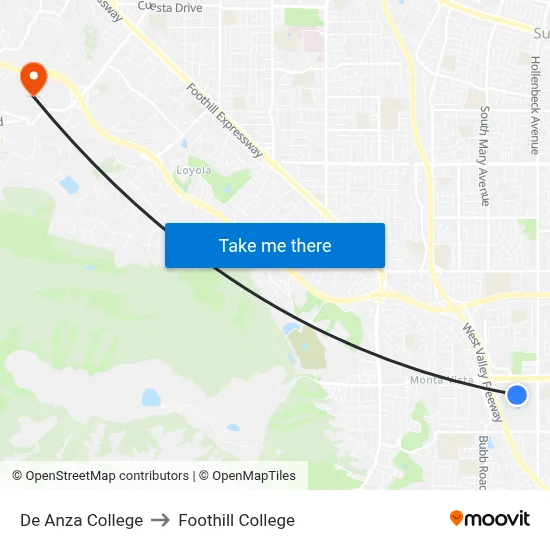 De Anza College to Foothill College map