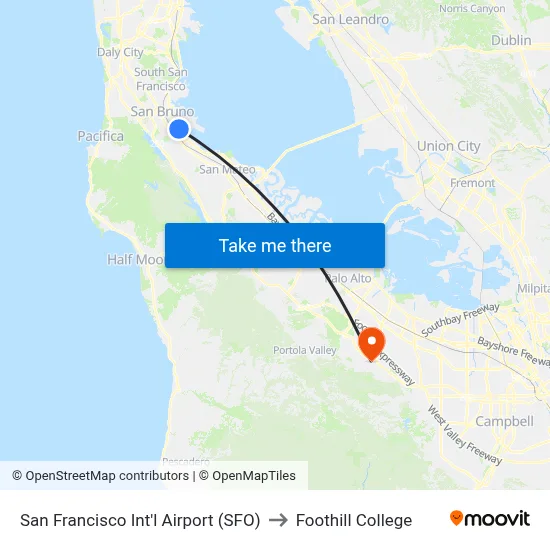 San Francisco Int'l Airport (SFO) to Foothill College map