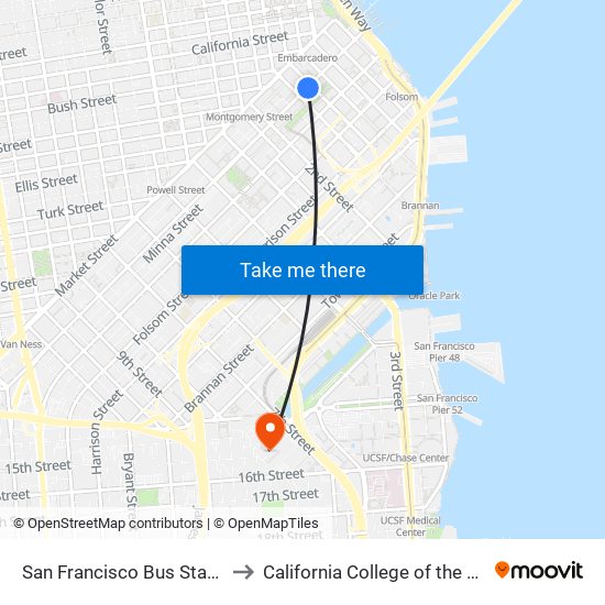 San Francisco Bus Station to California College of the Arts map