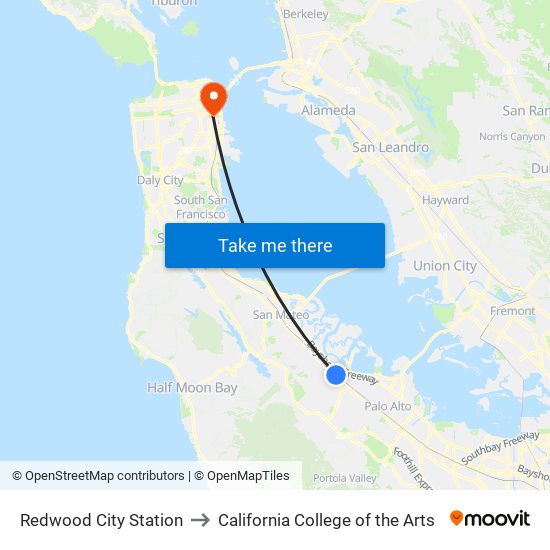 Redwood City Station to California College of the Arts map