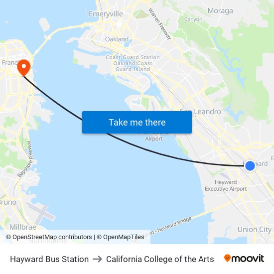 Hayward Bus Station to California College of the Arts map