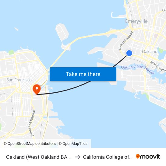 Oakland (West Oakland BART Station) to California College of the Arts map