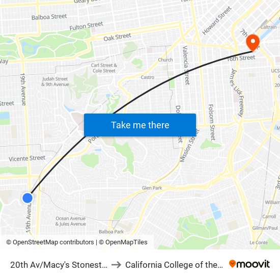 20th Av/Macy's Stonestown to California College of the Arts map