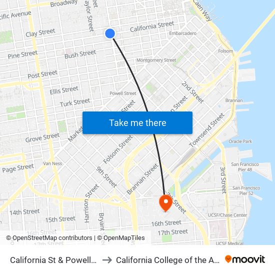 California St & Powell St to California College of the Arts map