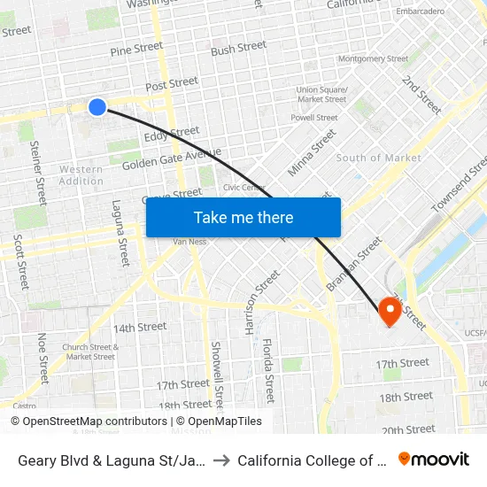 Geary Blvd & Laguna St/Japantown to California College of the Arts map