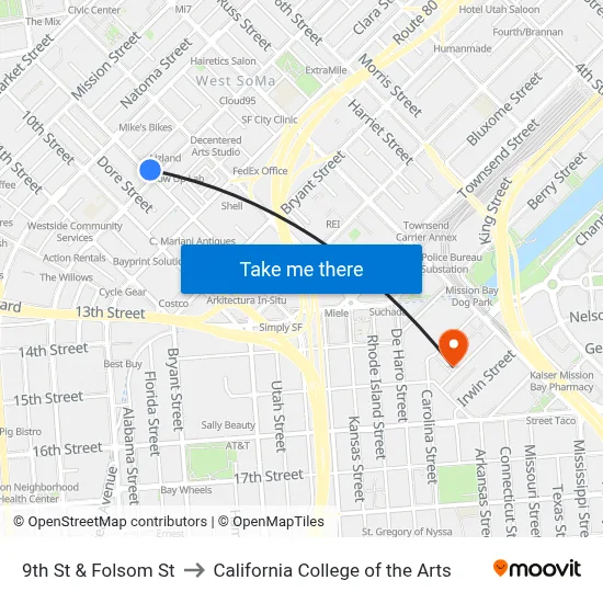 9th St & Folsom St to California College of the Arts map