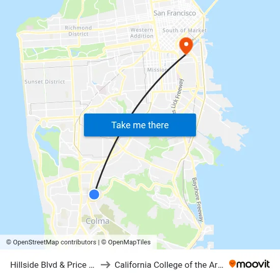 Hillside Blvd & Price St to California College of the Arts map
