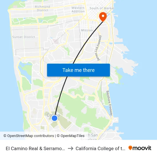 El Camino Real & Serramonte Blvd to California College of the Arts map