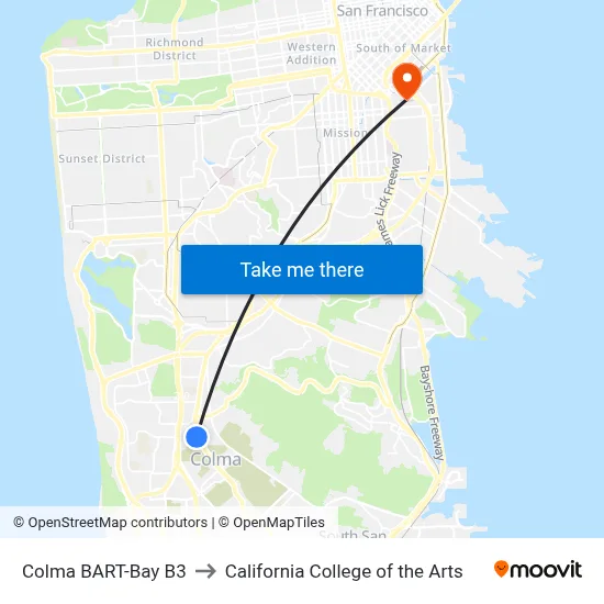 Colma BART-Bay B3 to California College of the Arts map