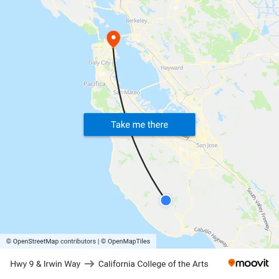 Hwy 9 & Irwin Way to California College of the Arts map