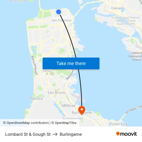 Lombard St & Gough St to Burlingame map