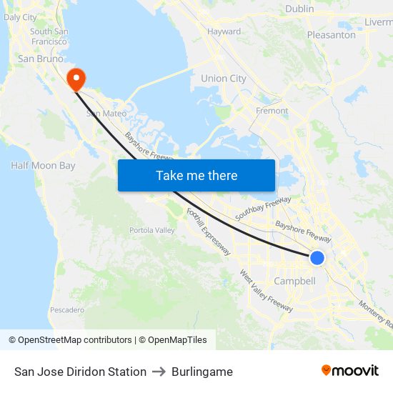 San Jose Diridon Station to Burlingame map