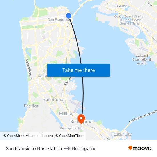 San Francisco Bus Station to Burlingame map