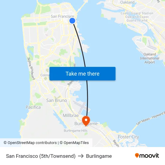 San Francisco (5th/Townsend) to Burlingame map