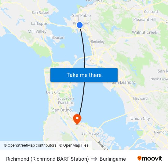 Richmond (Richmond BART Station) to Burlingame map