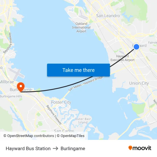 Hayward Bus Station to Burlingame map