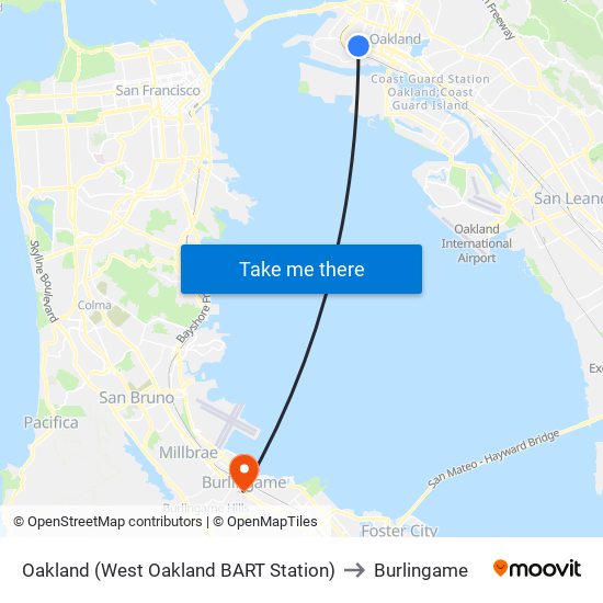 Oakland (West Oakland BART Station) to Burlingame map