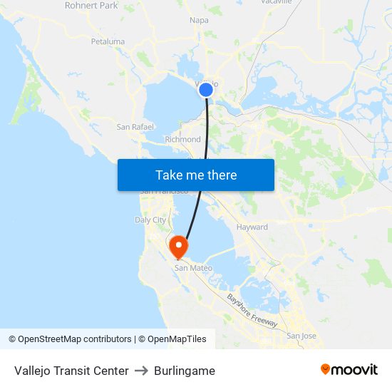 Vallejo Transit Center to Burlingame map