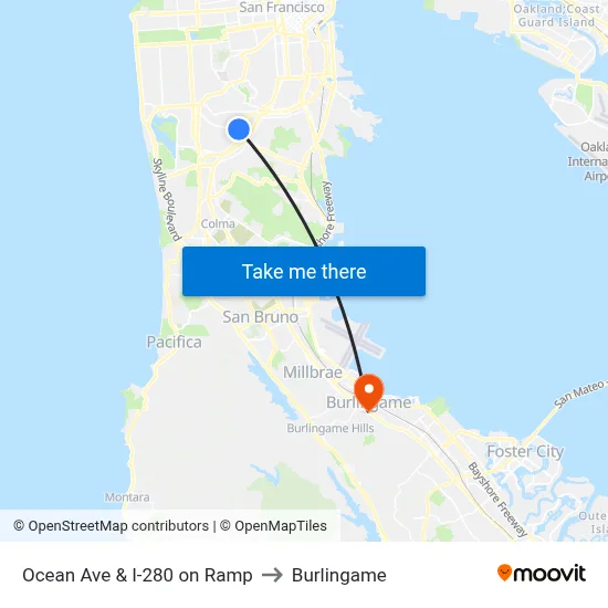 Ocean Ave & I-280 on Ramp to Burlingame map