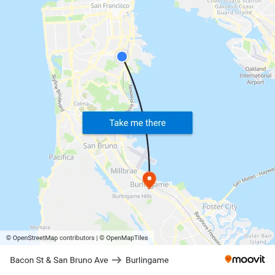 Bacon St & San Bruno Ave to Burlingame map
