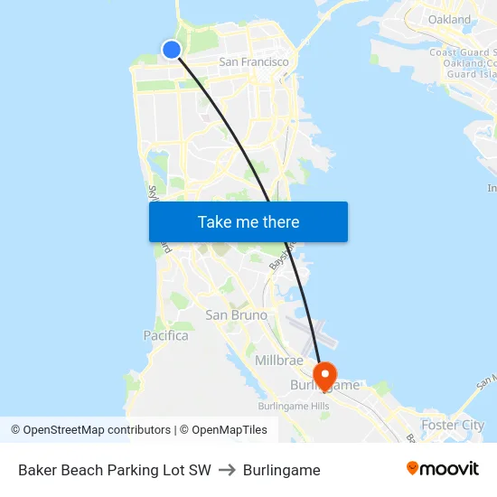 Baker Beach Parking Lot SW to Burlingame map