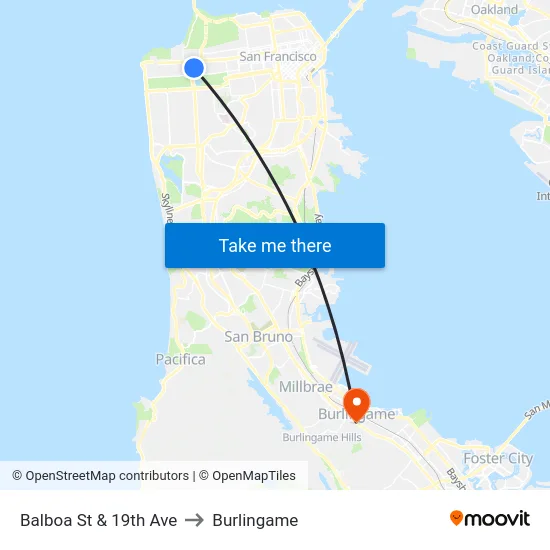 Balboa St & 19th Ave to Burlingame map