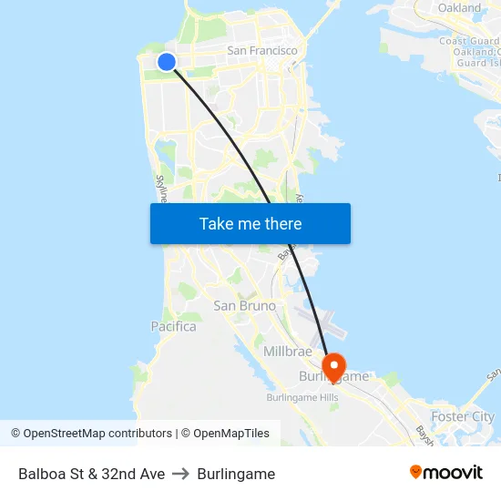 Balboa St & 32nd Ave to Burlingame map