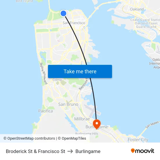 Broderick St & Francisco St to Burlingame map