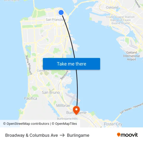 Broadway & Columbus Ave to Burlingame map